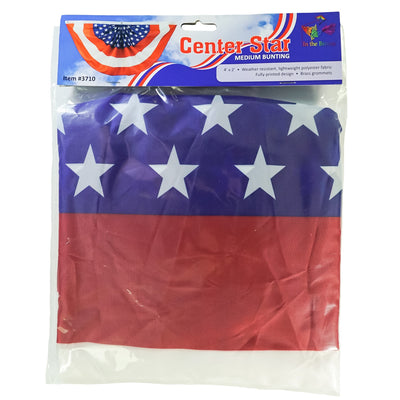 Center Stars Printed Bunting featuring U.S. flag colors in a pleated design, perfect for outdoor decorations during patriotic events.
