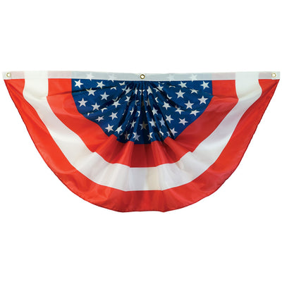 Center Stars Printed Bunting featuring U.S. flag colors in a pleated design, perfect for outdoor decorations during patriotic events.