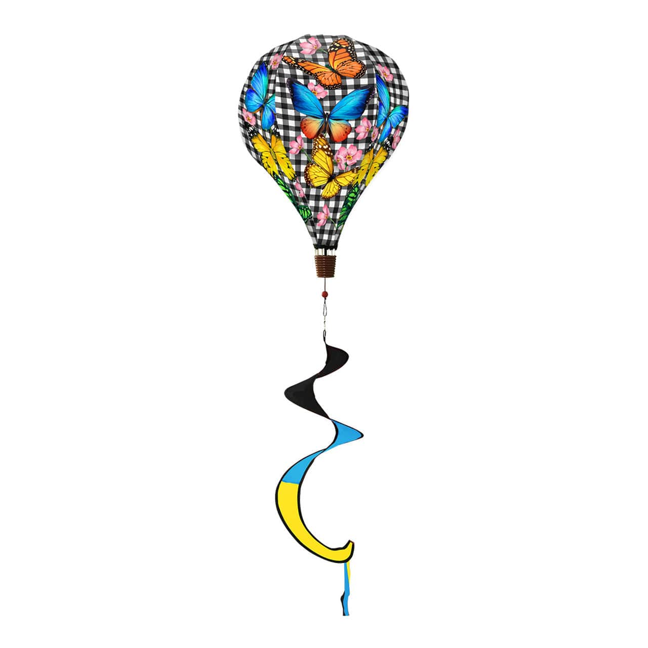 Hot air balloon spinner with checkered background and colorful butterflies, made of weather-resistant polyester for fun, breezy outdoor spring or summer décor.