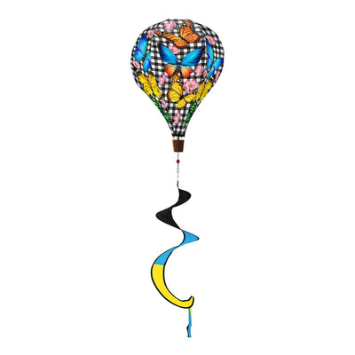 Hot air balloon spinner with checkered background and colorful butterflies, made of weather-resistant polyester for fun, breezy outdoor spring or summer décor.