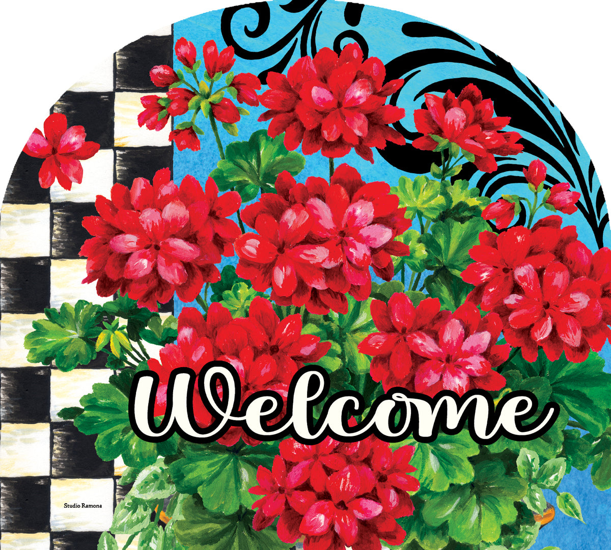 Checkered Geranium Arbor Mate decorative panel, 9.25x7.5 inches, showcasing vibrant floral design for outdoor garden and front yard display.