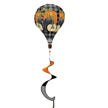 Hot air balloon spinner with checkered pumpkins, durable polyester, and harvest-inspired motion for festive outdoor fall decorating.