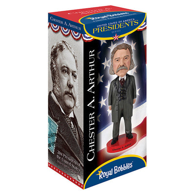 Chester A. Arthur bobblehead standing 8 inches tall, hand-painted with detailed features, showcasing the 21st president in a collector's display.