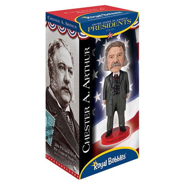 Chester A. Arthur bobblehead standing 8 inches tall, hand-painted with detailed features, showcasing the 21st president in a collector's display.