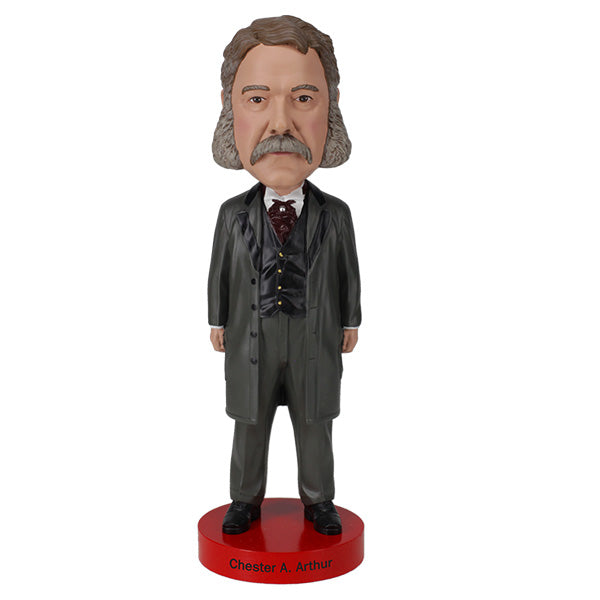 Chester A. Arthur bobblehead standing 8 inches tall, hand-painted with detailed features, showcasing the 21st president in a collector's display.
