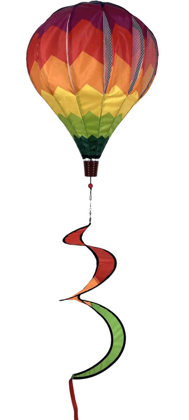 Rainbow chevron hot air balloon spinner with bright colors, weather-resistant polyester, and swirling tail for bold and cheerful outdoor décor.