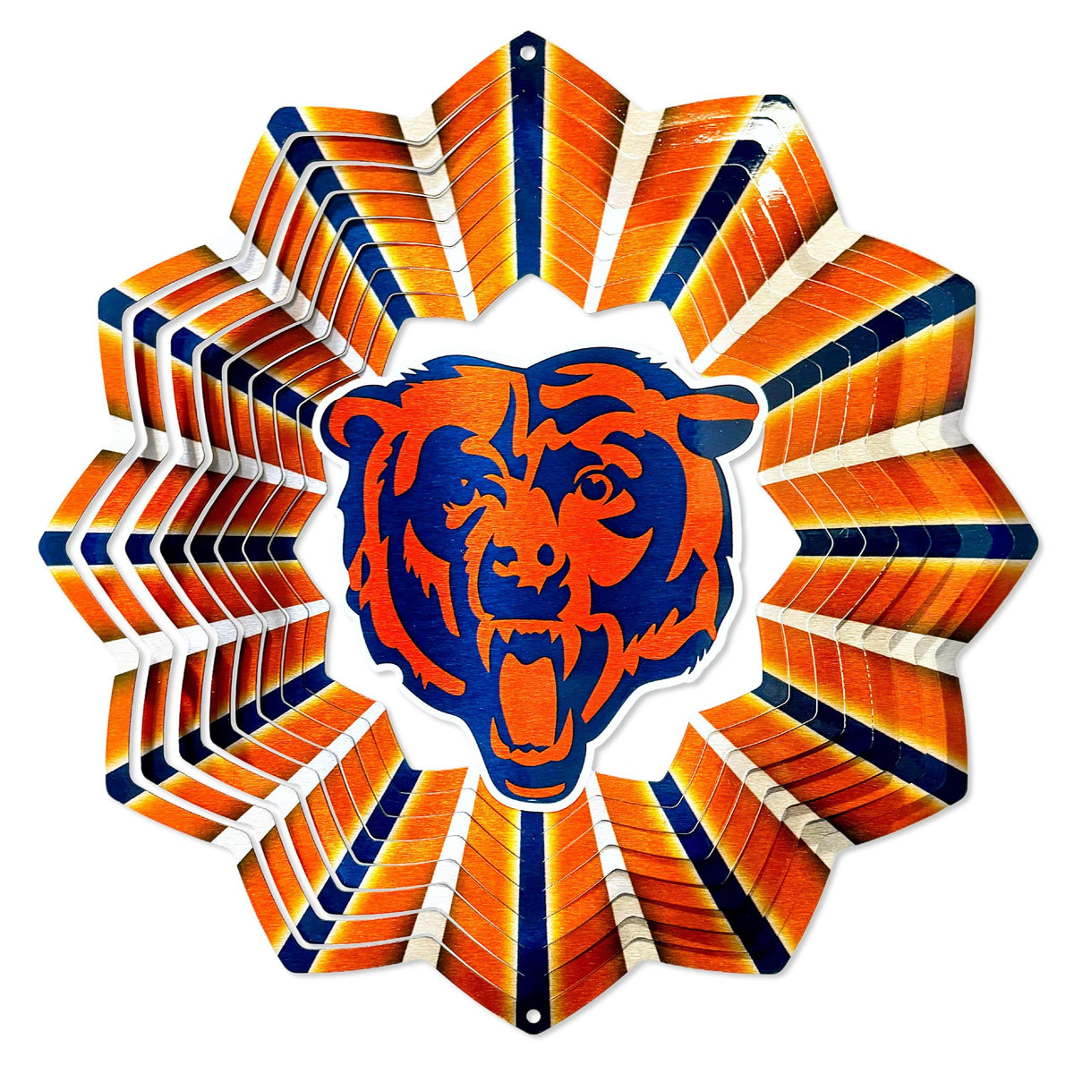 Chicago Bears 12-inch NFL Wind Spinner featuring bold team artwork, rotating in a garden setting on a sunny day.