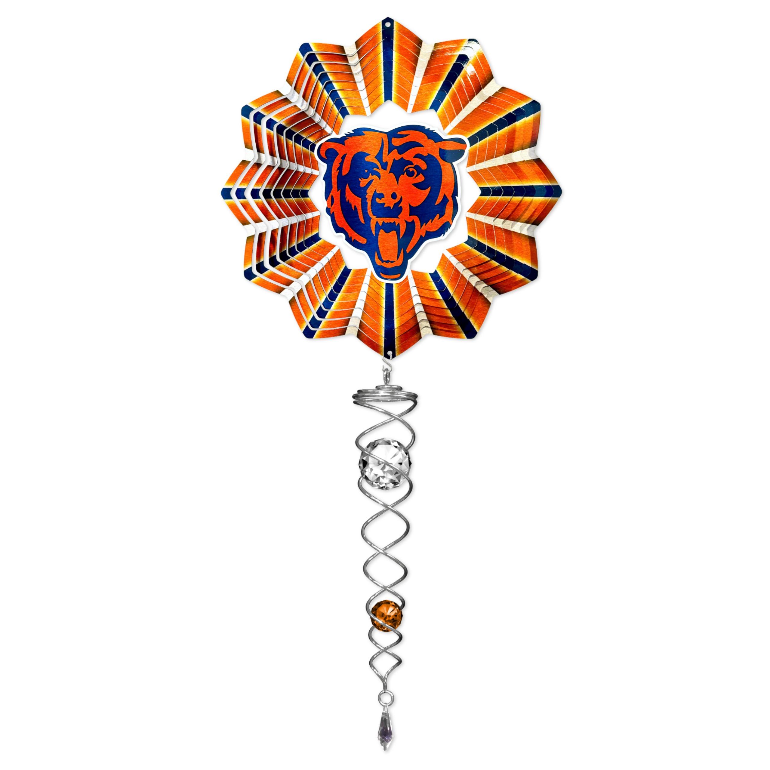 Chicago Bears NFL Wind Spinner Mini Set featuring a 6.5-inch spinner and a 7.5-inch crystal twister displayed outdoors, showcasing team colors.