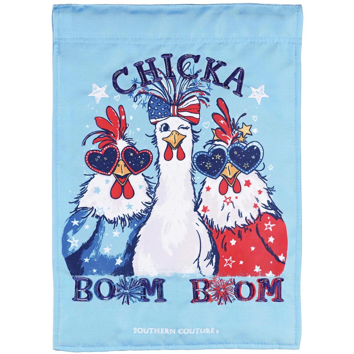 Chicka Boom Boom garden flag measuring 13x18 inches, adorned with vibrant fabric appliques displayed on a flagpole highlighting its craftsmanship.