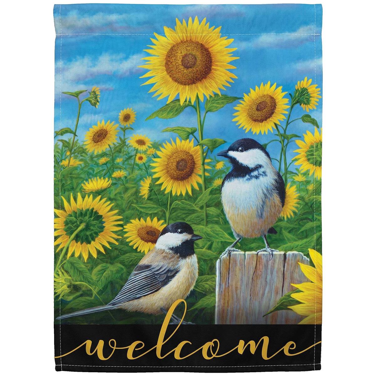 Chickadees And Sunflowers Garden Flag featuring lovely chickadees and sunflowers, displayed outdoors in a garden setting.