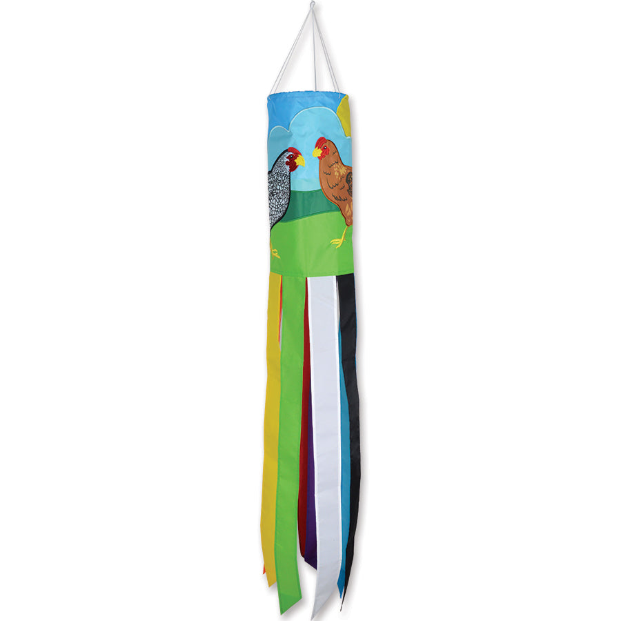 Chickens windsock featuring colorful embroidered applique design, fluttering in the breeze, perfect for outdoor gardens.