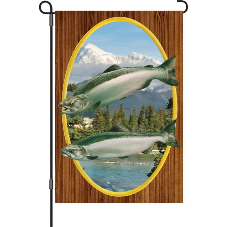 12 in. Chinook Salmon garden flag featuring a vibrant design, displayed outdoors in a garden setting, perfect for summer decoration.