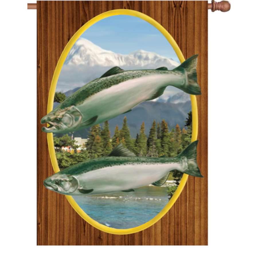 Chinook Salmon flag, measuring 28x40 inches, featuring vibrant colors arranged against a scenic backdrop, displayed on a flagpole outdoors.
