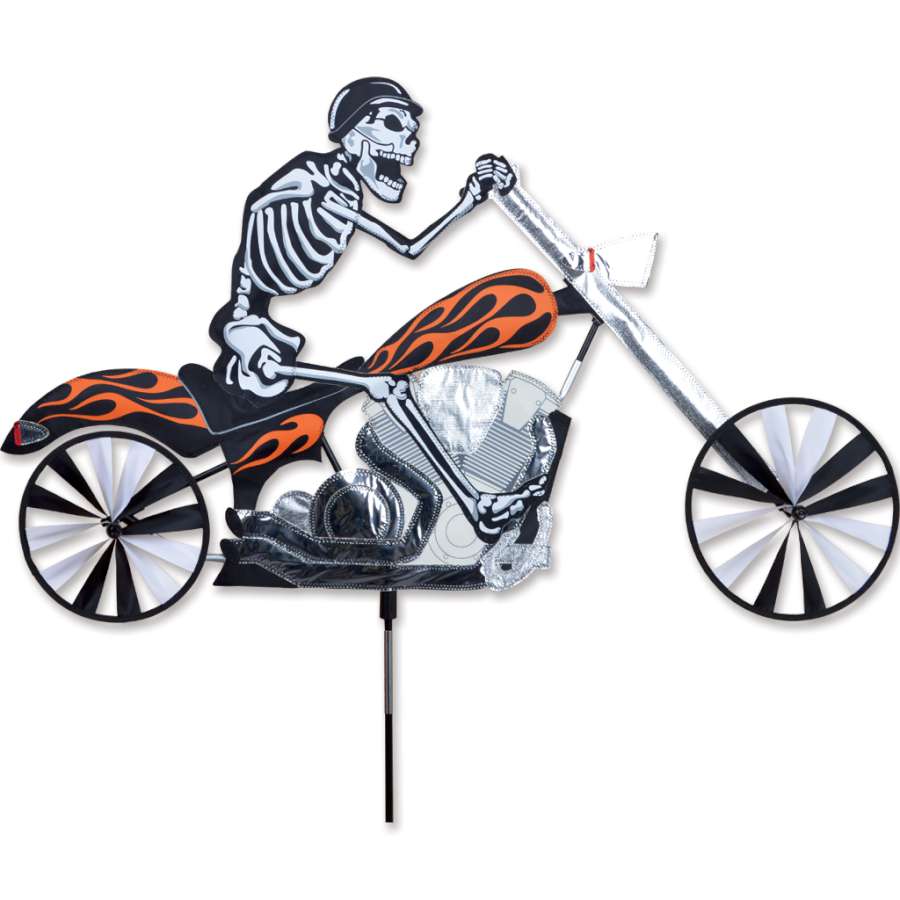 37 in. Chopper Motorcycle Spinner - Skeleton featuring a detailed skeletal figure on a motorcycle, spinning in a garden setting.