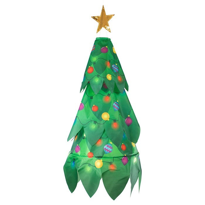 Colorful Christmas Tree 3D Windsock with a golden star displayed outdoors, showcasing vibrant colors that catch the breeze beautifully.