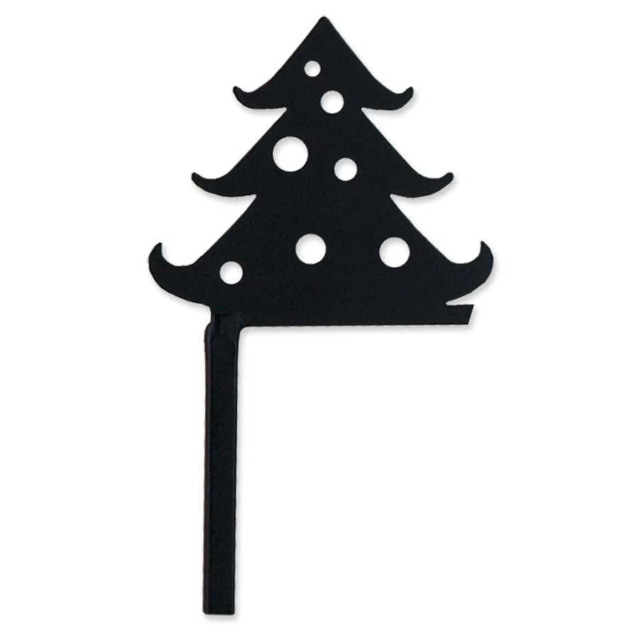 Christmas Tree Flag Finial, a 6-inch decorative accent featuring a sculpted Christmas tree, displayed atop a flag pole in a winter garden setting.