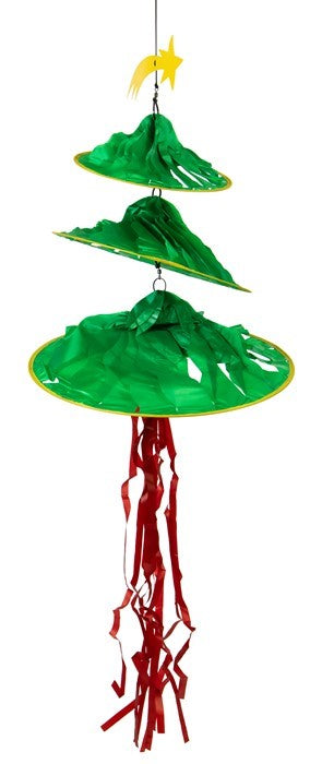 Christmas Tree Triple Jelly wind decoration displaying three spinning sections in festive colors, hanging outdoors with flowing tails.