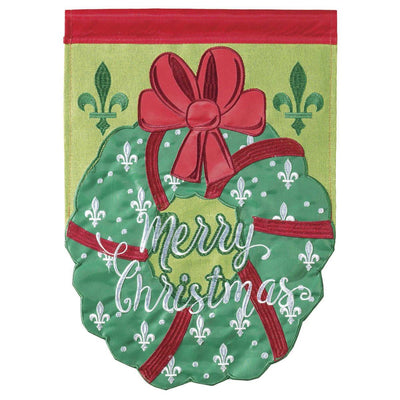 Christmas Wreath 29x42 Flag featuring double applique design, durable polyester, and vibrant embroidery for festive holiday outdoor décor.