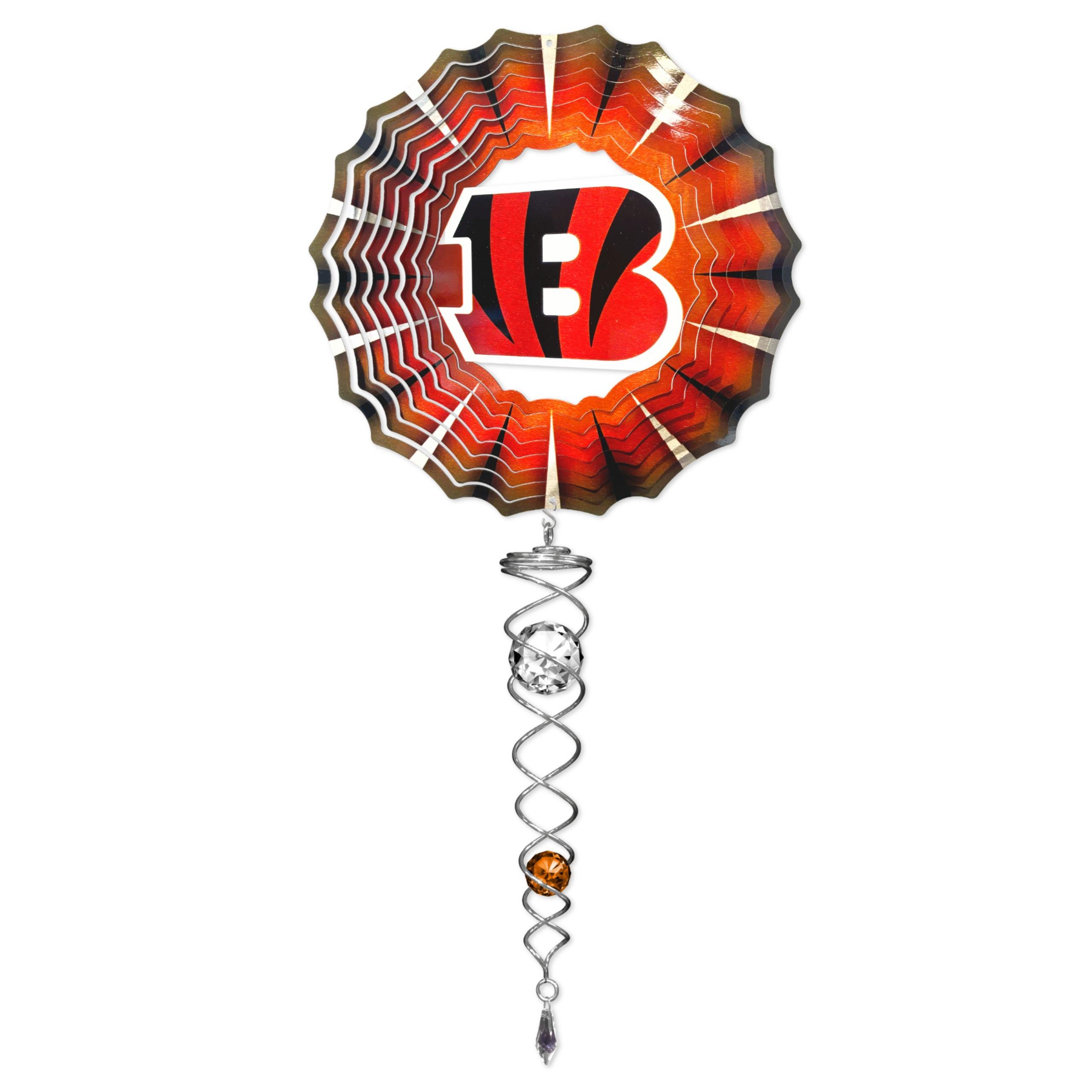 Cincinnati Bengals NFL Mini Set with a colorful 6.5-inch wind spinner and 7.5-inch crystal twister displayed in a bright garden setting.
