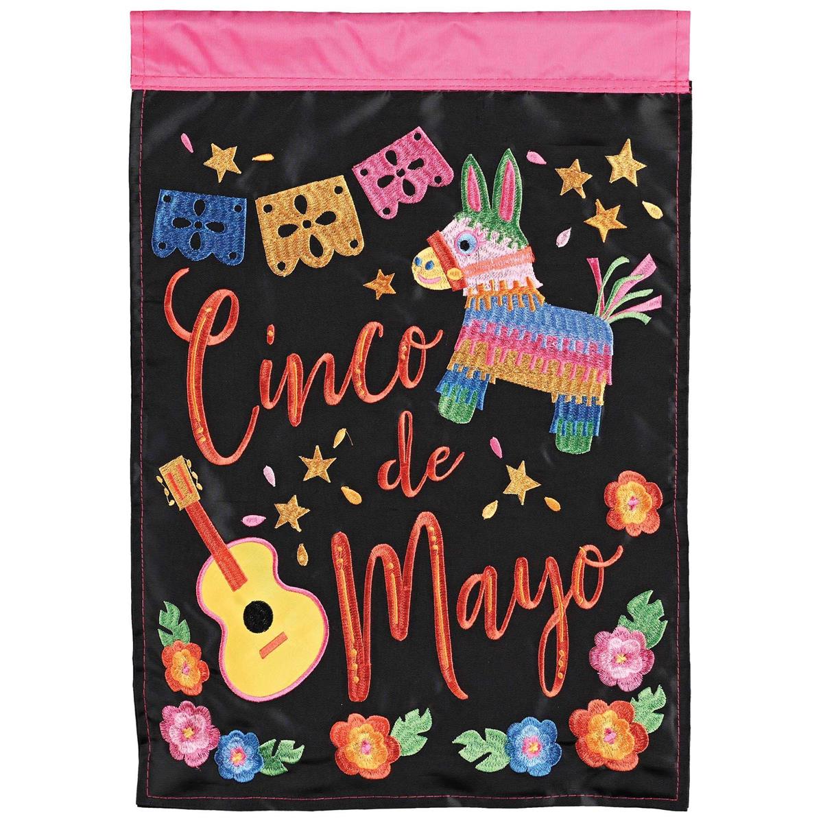 Cinco de Mayo Garden Flag, 13x18 inches, with intricate fabric appliques and embroidery displayed in a garden setting.