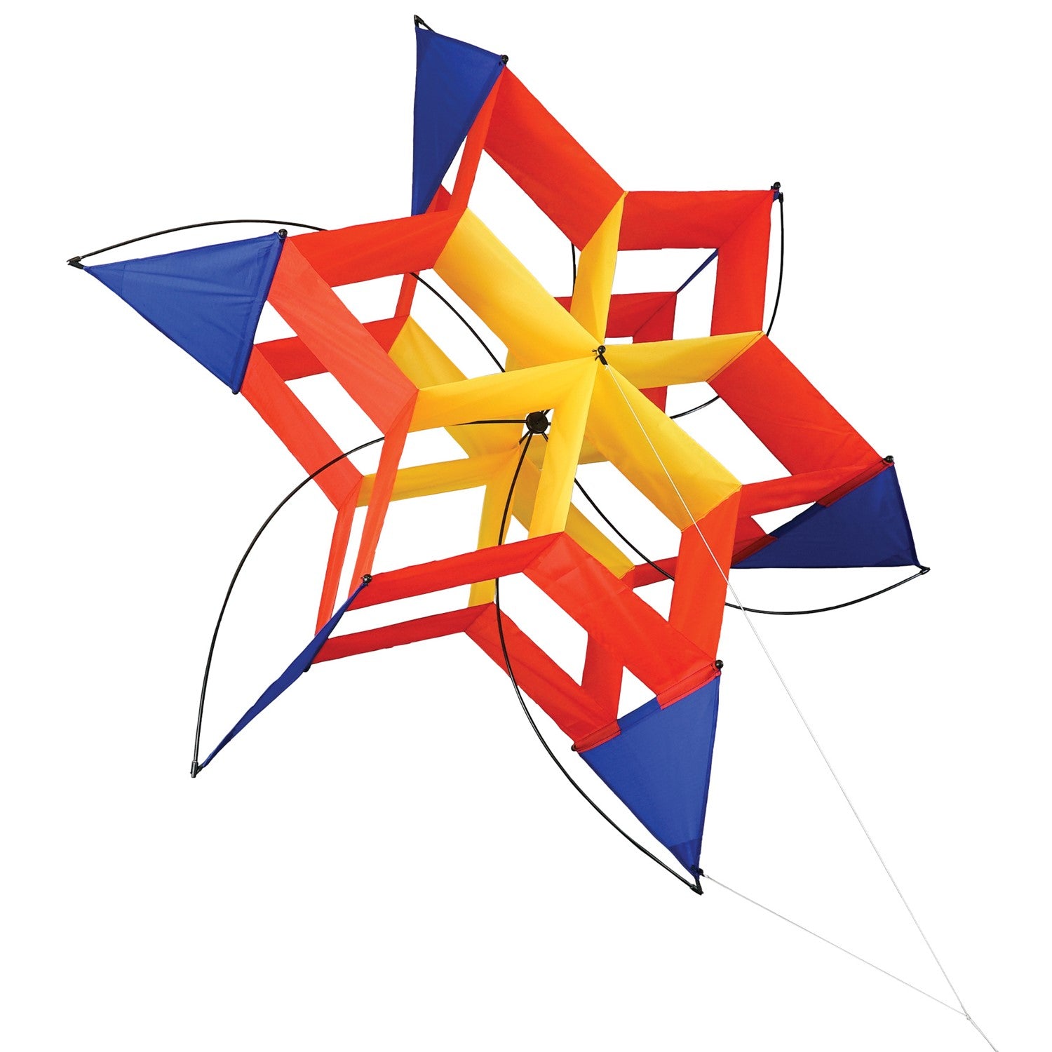 Circus Cosmic Hex Kite in bright colors soaring through a blue sky with clouds, showcasing its unique hexagonal design.