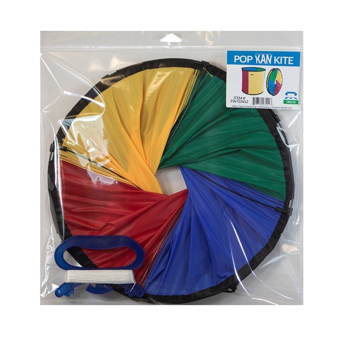 Circus Pop Kan Kite in vibrant colors flying in the sky, demonstrating its twist-and-pop design for easy outdoor enjoyment.
