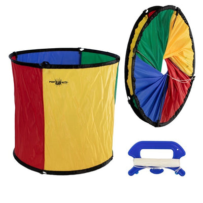 Circus Pop Kan Kite in vibrant colors flying in the sky, demonstrating its twist-and-pop design for easy outdoor enjoyment.