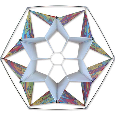 Clarke's Crystal Box Kite - Rainbow Orbit soaring in the sky with vibrant colors, measuring 53 inches in diameter, perfect for outdoor fun.
