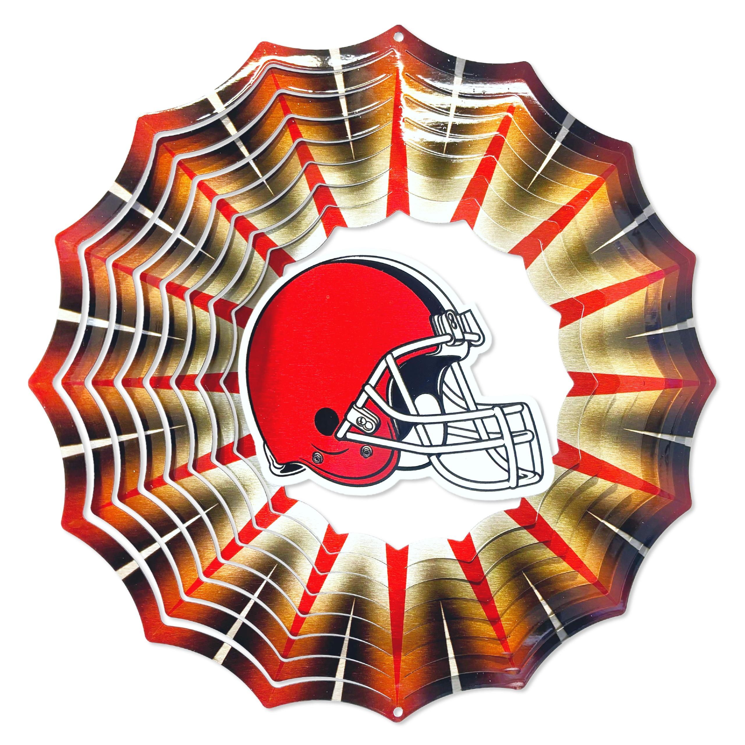 Cleveland Browns NFL wind spinner featuring vibrant team-themed artwork, measuring 12 inches, showcased in an outdoor garden setting.