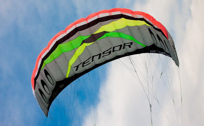 Large traction kite with convertible dual and quad-line control delivers serious pulling power for snow kiting, buggying, and landboarding.