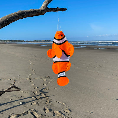 40-inch clownfish fishsock hanging outdoors, showcasing vibrant colors and detailed applique design, perfect for garden decoration.