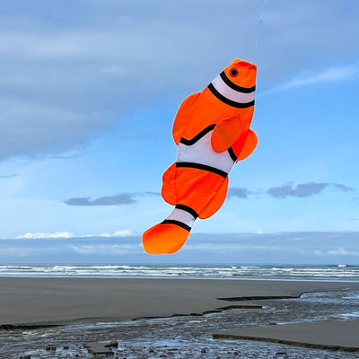 40-inch clownfish fishsock hanging outdoors, showcasing vibrant colors and detailed applique design, perfect for garden decoration.