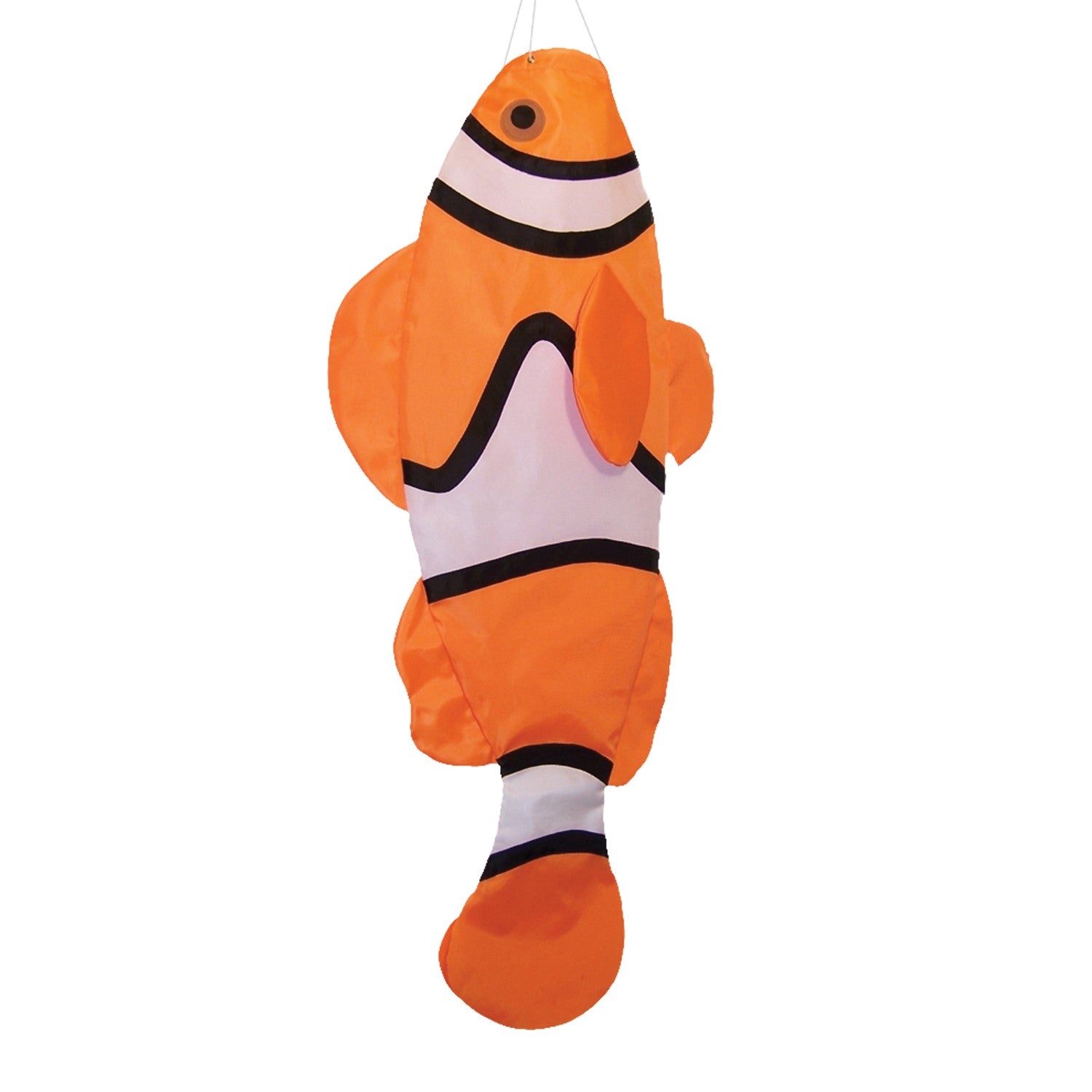 40-inch clownfish fishsock hanging outdoors, showcasing vibrant colors and detailed applique design, perfect for garden decoration.