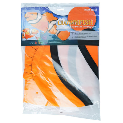 Clownfish Big Breeze WindsockTM, a vibrant 3D windsock with a detailed clownfish design, displayed in a garden setting swaying in the breeze.