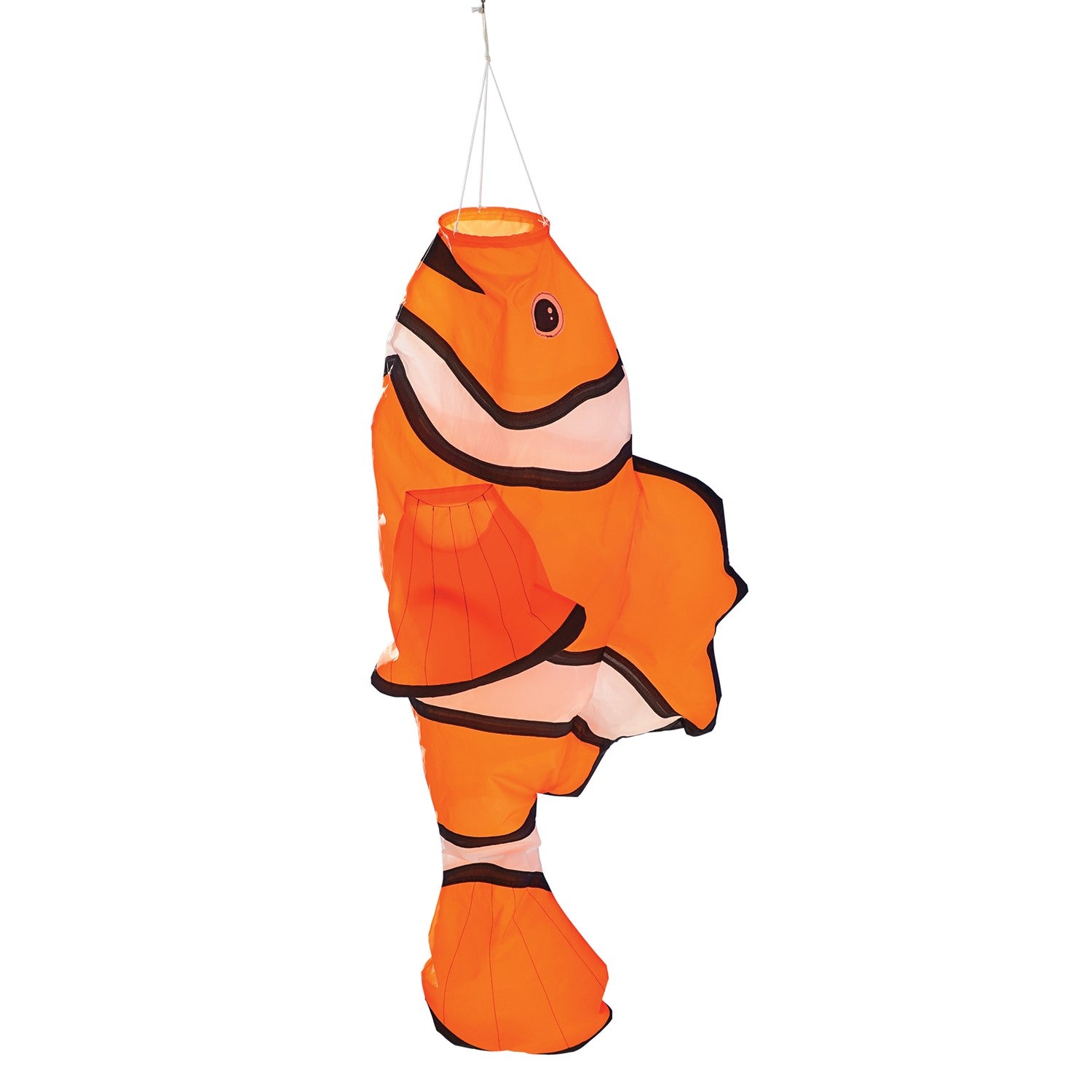 Clownfish Big Breeze WindsockTM, a vibrant 3D windsock with a detailed clownfish design, displayed in a garden setting swaying in the breeze.