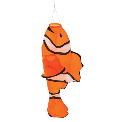 Clownfish Big Breeze WindsockTM, a vibrant 3D windsock with a detailed clownfish design, displayed in a garden setting swaying in the breeze.