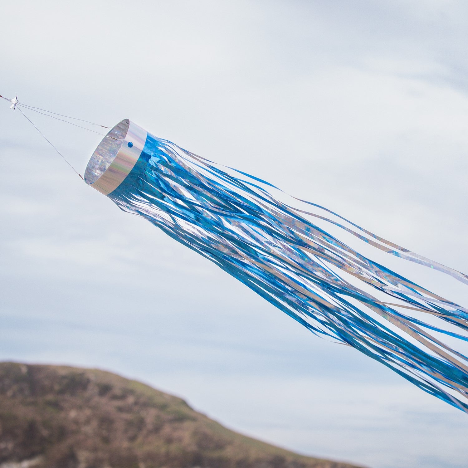 Cobalt 51' Mylar Windsock fluttering gracefully in the breeze, showcasing a vibrant holographic blue design that shines in sunlight.