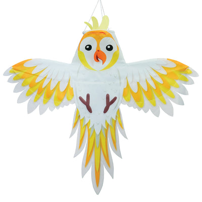 Colorful Cockatoo Windsock flapping gently in the breeze, showcasing its vibrant design with fully spread wings in an outdoor garden setting.