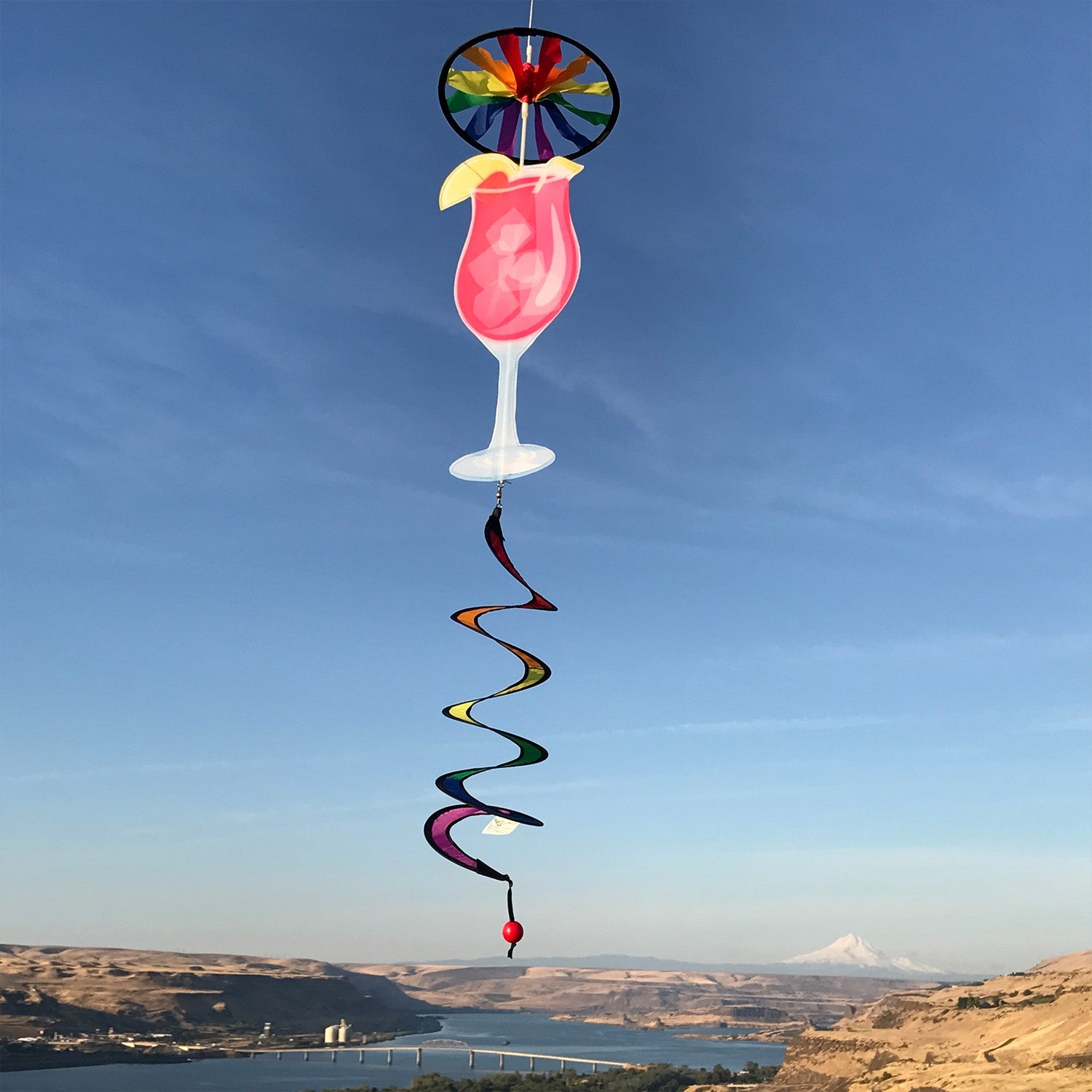The Cocktail 5 O'Clock Spinner features a colorful design of a cocktail on an 8-inch spinning wheel, perfect for lively outdoor decoration, attracting attention in the breeze.