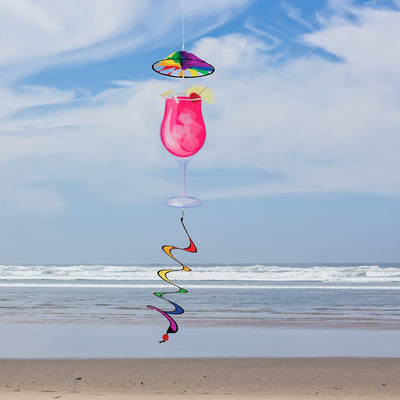 The Cocktail 5 O'Clock Spinner features a colorful design of a cocktail on an 8-inch spinning wheel, perfect for lively outdoor decoration, attracting attention in the breeze.