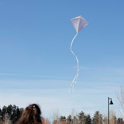 Coconut Colorfly 30-inch diamond kite in solid white color with colorful tails displayed against a clear blue sky on a sunny day.
