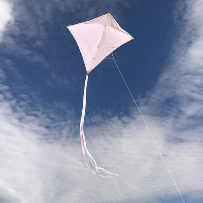 Coconut Colorfly 30-inch diamond kite in solid white color with colorful tails displayed against a clear blue sky on a sunny day.