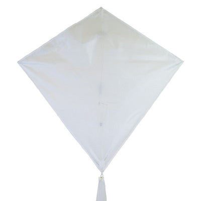 Coconut Colorfly 30-inch diamond kite in solid white color with colorful tails displayed against a clear blue sky on a sunny day.