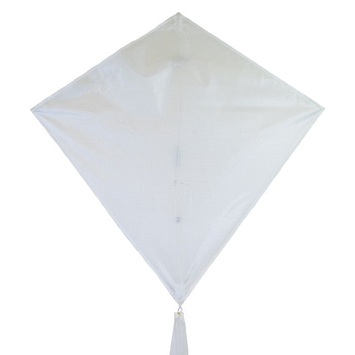 Coconut Colorfly 30-inch diamond kite in solid white color with colorful tails displayed against a clear blue sky on a sunny day.