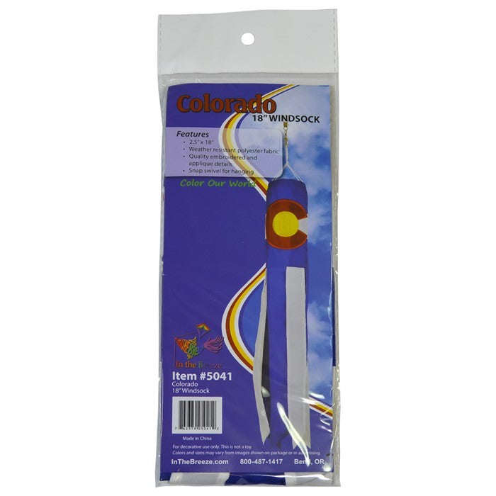 Colorado 18-inch windsock with colorful applique graphics hanging outdoors, showcasing vibrant tails fluttering in the breeze.