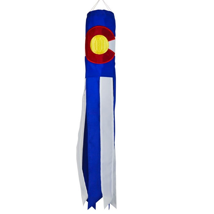 Colorado 18-inch windsock with colorful applique graphics hanging outdoors, showcasing vibrant tails fluttering in the breeze.