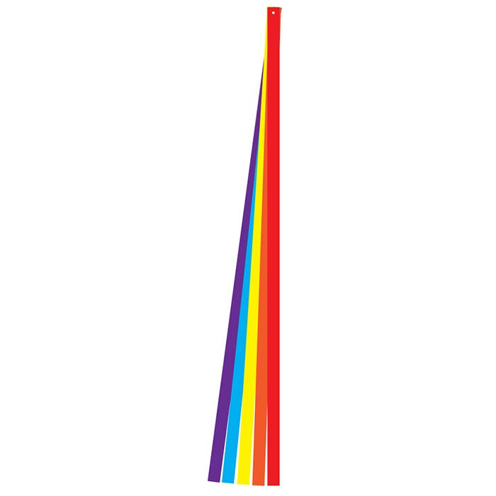 Colorful 6' tails in solid rainbow colors attached to a kite, fluttering gracefully in the wind at an outdoor festival.