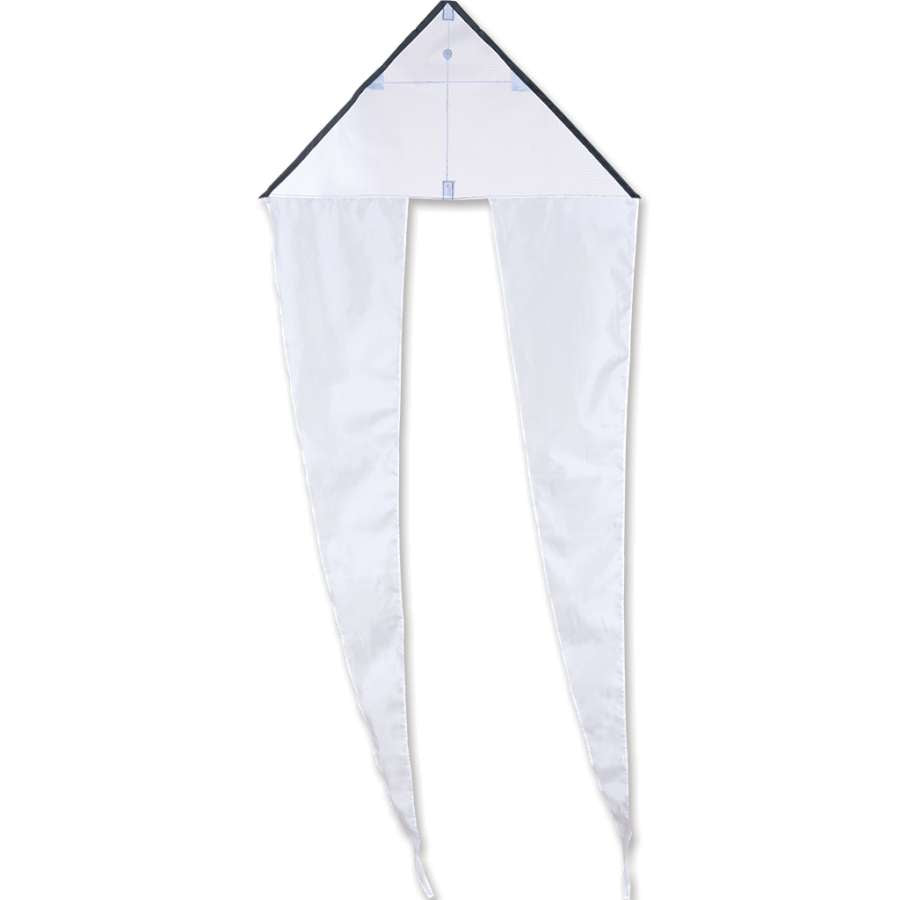Coloring Kite with blank design soaring in the sky, showing ripstop polyester fabric and vibrant flowing tails for artistic expression.