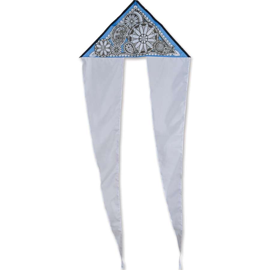 Coloring Kite in paisley design, measuring 24.5 x 61 inches, featuring vibrant patterns and colorful tails displayed in a clear blue sky.