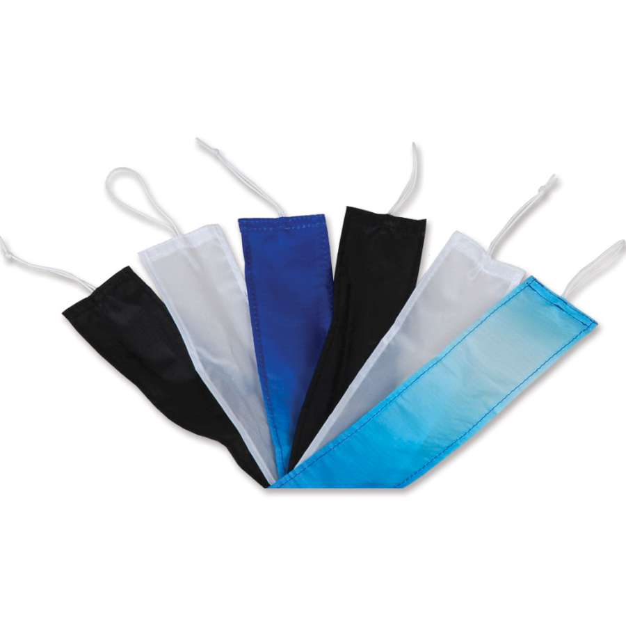 Combo Kite Tail - Cool Gradient with six vibrant 15-foot nylon tails attached to a colorful kite, flying in a blue sky with puffy clouds.
